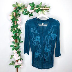 3/$30 Anthro Silk Blend Embroidered Button Down